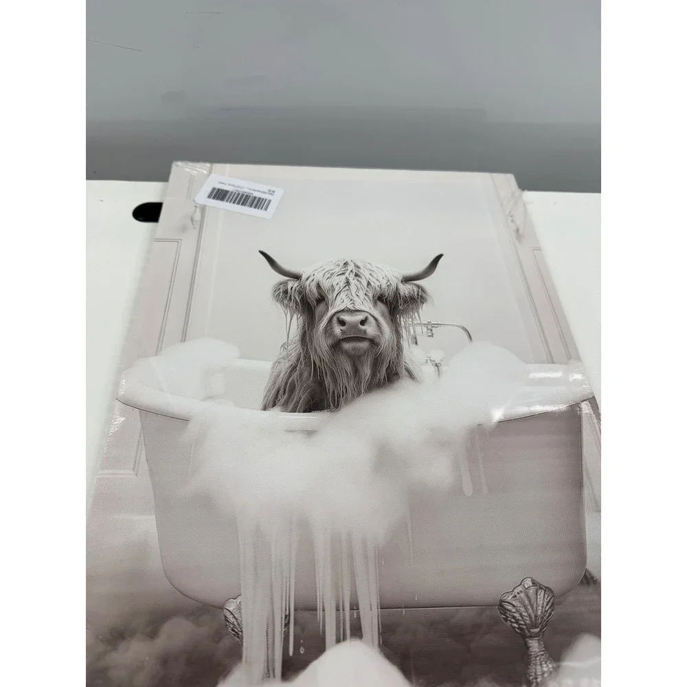 Highland Cow in Bathtub Canvas Wall Art 12x16 Farmhouse Bathroom Decor Sepia